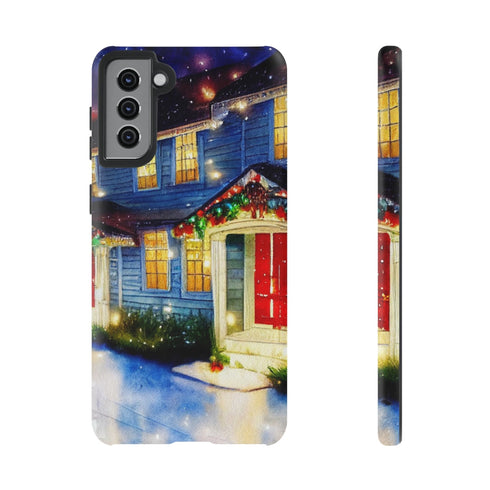 Festive Christmas Decorations on a Row of Townhomes - Impact Resistant Phone Case Samsung Galaxy S21 Plus Matte